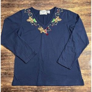 Women’s XL Blue Reindeer Embroidered Neck Christmas Top